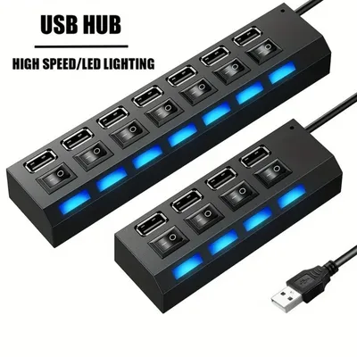 USB 2.0 허브 4/7 포트 분배기 전원 어댑터(ON/OFF 스위치 포함) PC 노트북 MacBook 데스크탑 액세서리용 다중 확장기 허브