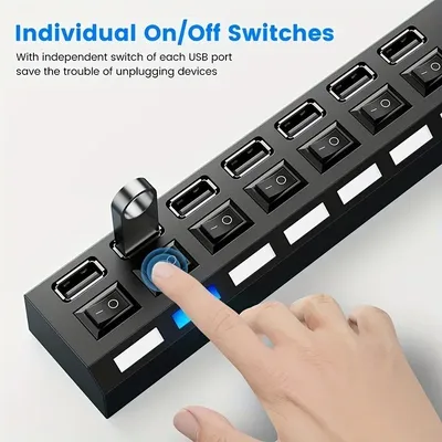 LED 조명이 포함된 7 포트 USB 2.0 어댑터 허브(컴퓨터 태블릿 노트북용 독립 전원 켜기 끄기 포함) 데이터 전송 지원